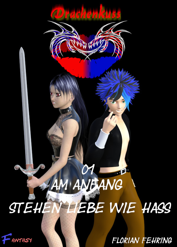 Drachenkuss Logo. Zwei Drachen küssen sich und bilden gleichzeitig die Oberlippe eines Kussmunds, der zur Hälfte blau und rot gefärbt ist.